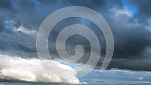 Birds flying against stormy clouds on a summer day. Concept. Bottom view of heavy beautiful clouds flowing in the blue