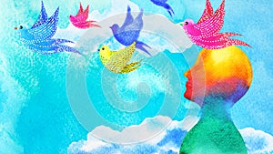 Birds flying in blue sky abstract art mind mental health spiritual healing human head free freedom feeling watercolor painting