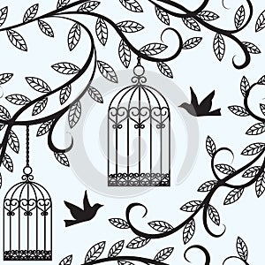 Birds flying and cage