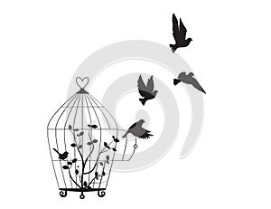 Birds Flying from the cage, flying birds silhouettes, cage illustration, freedom symbol, wall decals, wall artwork