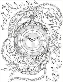 Birds Flying Drawing Around Antique Pocketwatch Surrounded By Beautiful Roses And Large Feathers. Vintage Timer Line