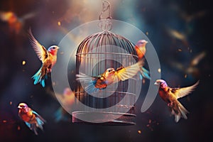 Birds flying out of cage background. Freedom concept