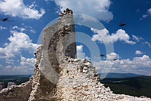Birds flying over Cachtice Castle ruin from 13th century in Carpathians, Slovakia