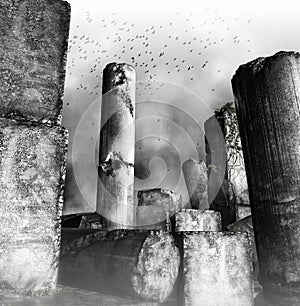 Birds flying over ruined columns