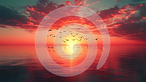 Birds flying sunset ocean dramatic sky fiery cloudscape