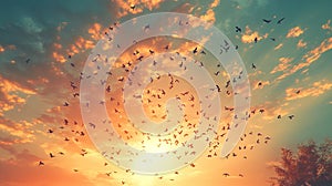 Birds flying sunset sky nature freedom