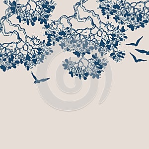 Birds flying up in the sky over tree branches