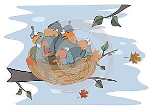Birds with her four babies in the nest cartoon