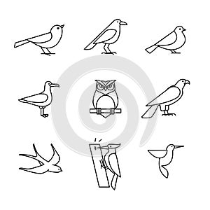 Birds icons thin line art set