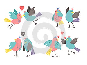 Birds love characters. Cute bird valentines, hugging chirping kissing funny spring birdie family character couple vector