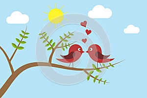 Birds in love kissing on summer day on branches and sun in background