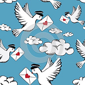 Birds with love letters in the sky with clouds. Seamless pattern.