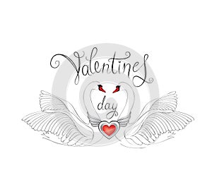 Birds in love with winged red heart decoration and handwritten l