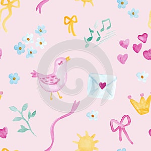 Birds with music notes and letters watercolor painting - hand drawn seamless pattern on pink
