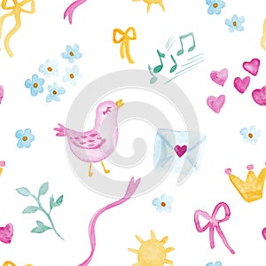 Birds with music notes and love letters and crown watercolor painting - hand drawn seamless pattern on white