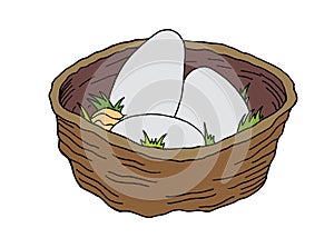 Birds Nest with easter eggs isolated on white background. Vector hand drawn doodle illustration