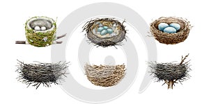 Birds nest hand drawn illustration big set. Watercolor realistic detailed bird natural houses made of sticks, dry grass