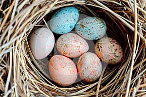 A birds nest with pastel Easter eggs, each uniquely painted with unique pattern on a solid background