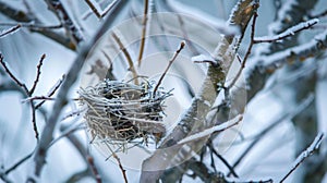 A birds nest sits empty in a tree its inhabitants fleeing from the brutal ice storm brought on by Mother Natures icy