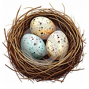 Birds Nest with Three Spotted Eggs on White Background Artwork