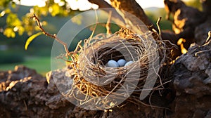 Birds nest on a tree. Generative AI.