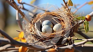 Birds nest on a tree. Generative AI.