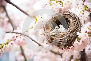 birds nest tucked in a cherry blossom tree