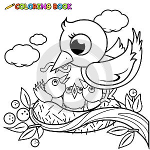 Birds in the nest. Vector black and white coloring page