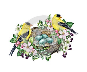 Birds on the nest vintage style decor element. Watercolor illustration. Hand drawn goldfinch birds on the nest with eggs