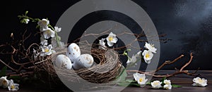Birds nest with white eggs and flowers, displayed on a table