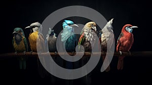 Birds perched on a branch on black background