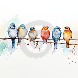 Birds perched on a delicate branch, isolated against a clean white background.