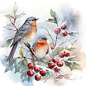 Birds perched on snowy branches, surrounded by the enchanting ambiance of Christmas. Generative AI