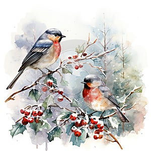 Birds perched on snowy branches, surrounded by the enchanting ambiance of Christmas. Generative AI