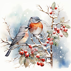 Birds perched on snowy branches, surrounded by the enchanting ambiance of Christmas. Generative AI