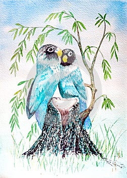 Birds Perched on Tree Stump - Original Watercolor Painting