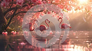 Birds Pink Flamingos Walk on the Lake at the Pink Sunset in Cyprus, Beautiful Romantic Concept