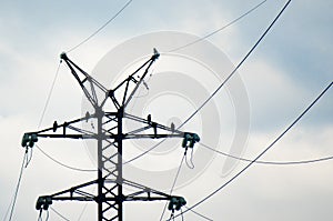 Birds of prey black kites sitting on rusted metal beams of a power line tower against the cloudy sky