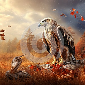 Birds of prey on the meadow with autumn forest in the Steppe Aquila sitting in the grass on