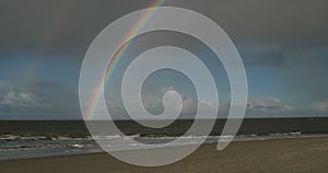 Birds with Rainbow on North Frisian Island Beach of Amrum