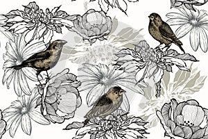 Birds with roses on a seamless, floral background. Seamless pattern, vector illustration