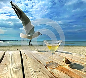 Birds on sea ,seagull and glass of juice  on wooden table top at beach resort   sea landscape ,blue sky,marine water sunny day rel