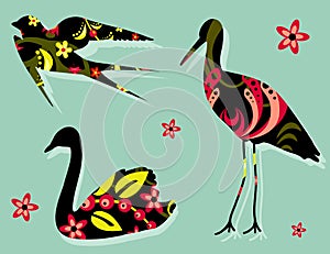 Birds silhouettes floral pattern khokhloma