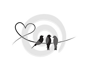 Birds silhouettes on wire in shape of heart, vector. Wall decals, wall artwork. Minimalist poster design