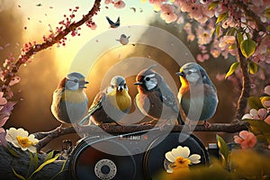 Birds sitting on music stereo speaker on blossoming tree in spring