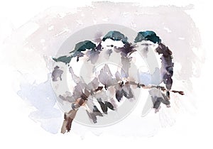 Birds Snuggling on the Branch Watercolor Cozy Winter Illustration Hand Painted