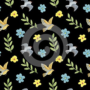 Birds, spring flowers and plants watercolor seamless pattern. Hand painted illustration on a black background.