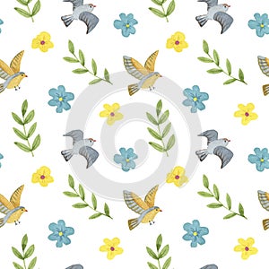 Birds, spring flowers and plants watercolor seamless pattern. Hand painted illustration on a white background.