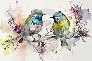 Birds in spring, watercolor art
