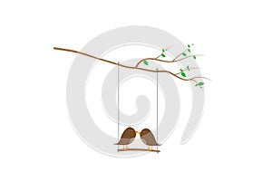 Birds Couple Silhouette Vector, Birds on swing on branch, Colorful Wall Decals Birds in love in nature in spring season